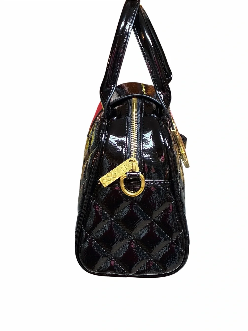 Double C Black Patent Leather Bowler Bag Giant Gold - Tone Metal Logo With Strap